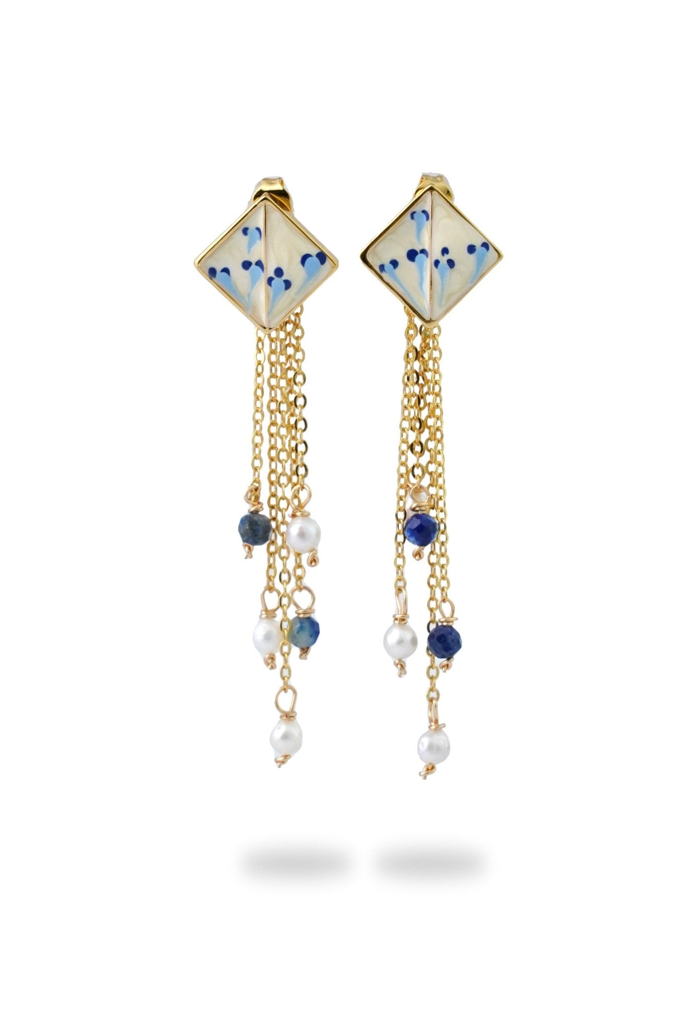 Varia Porcelain Pattern Earrings with Drop – Detachable Lapis & Pearl - EenPorcelain