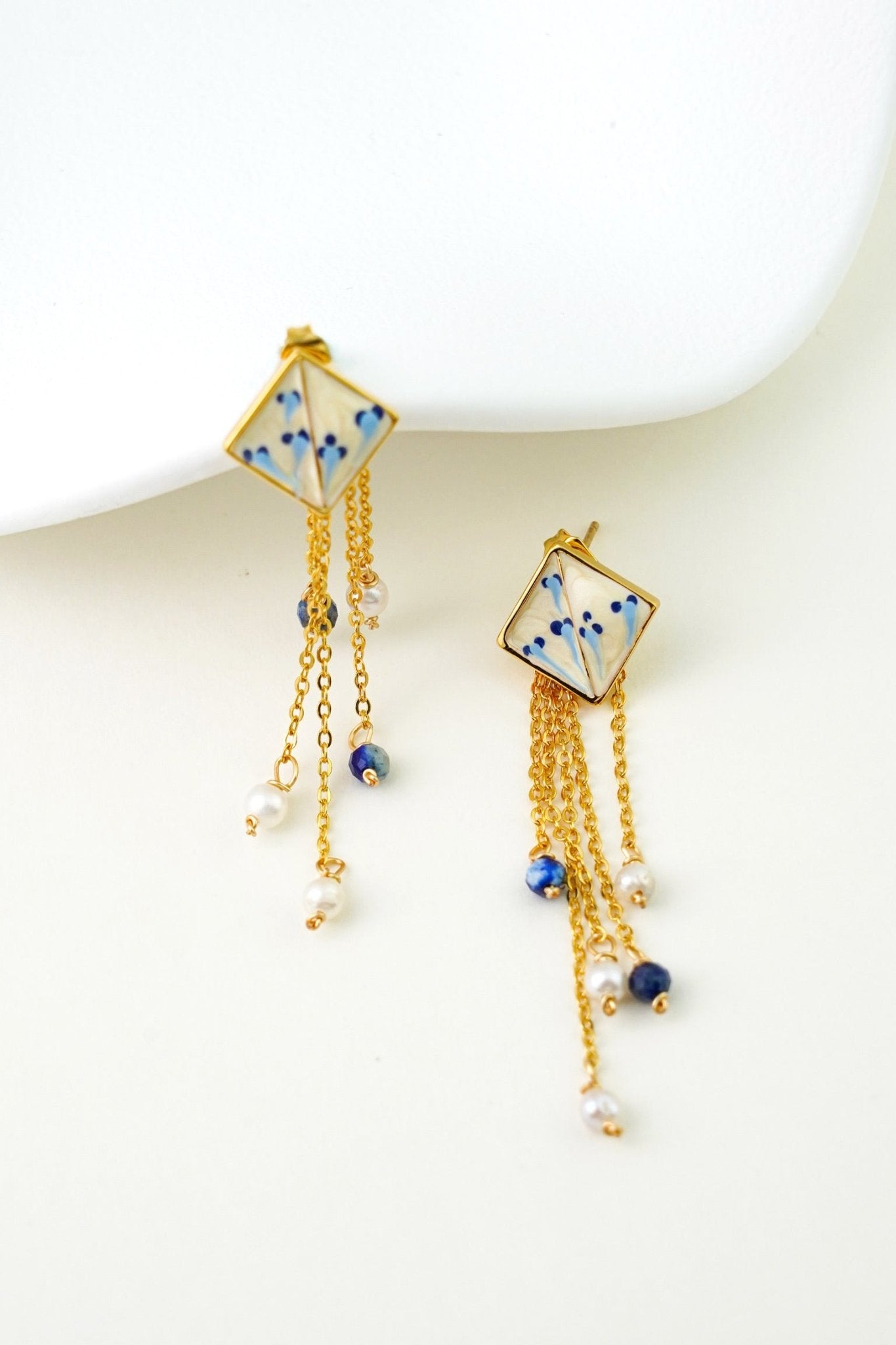 Varia Porcelain Pattern Earrings with Drop – Detachable Lapis & Pearl - EenPorcelain