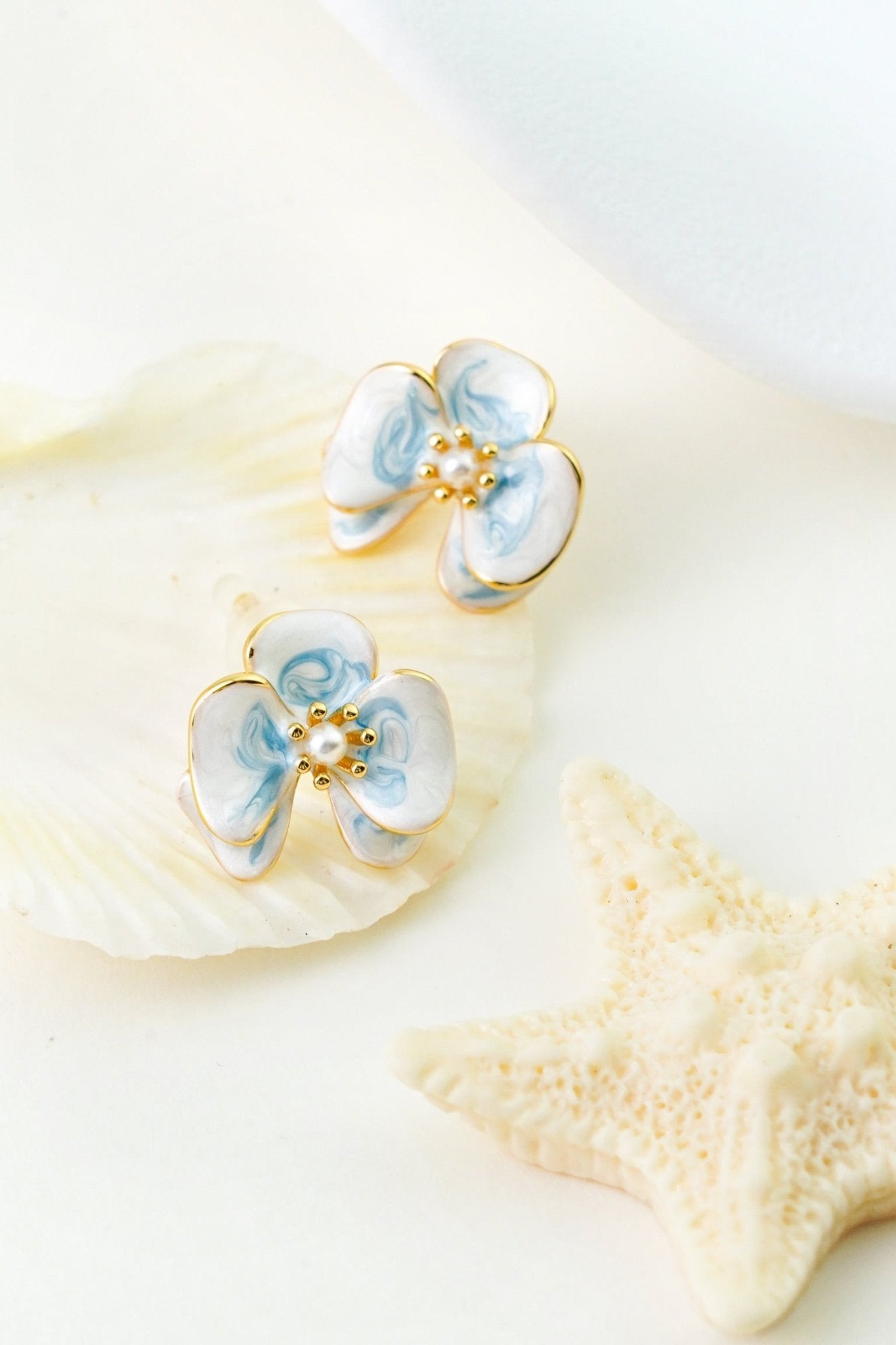 Viola Bloom Earrings – Enamel Flower with Pearl Accent - EenPorcelain