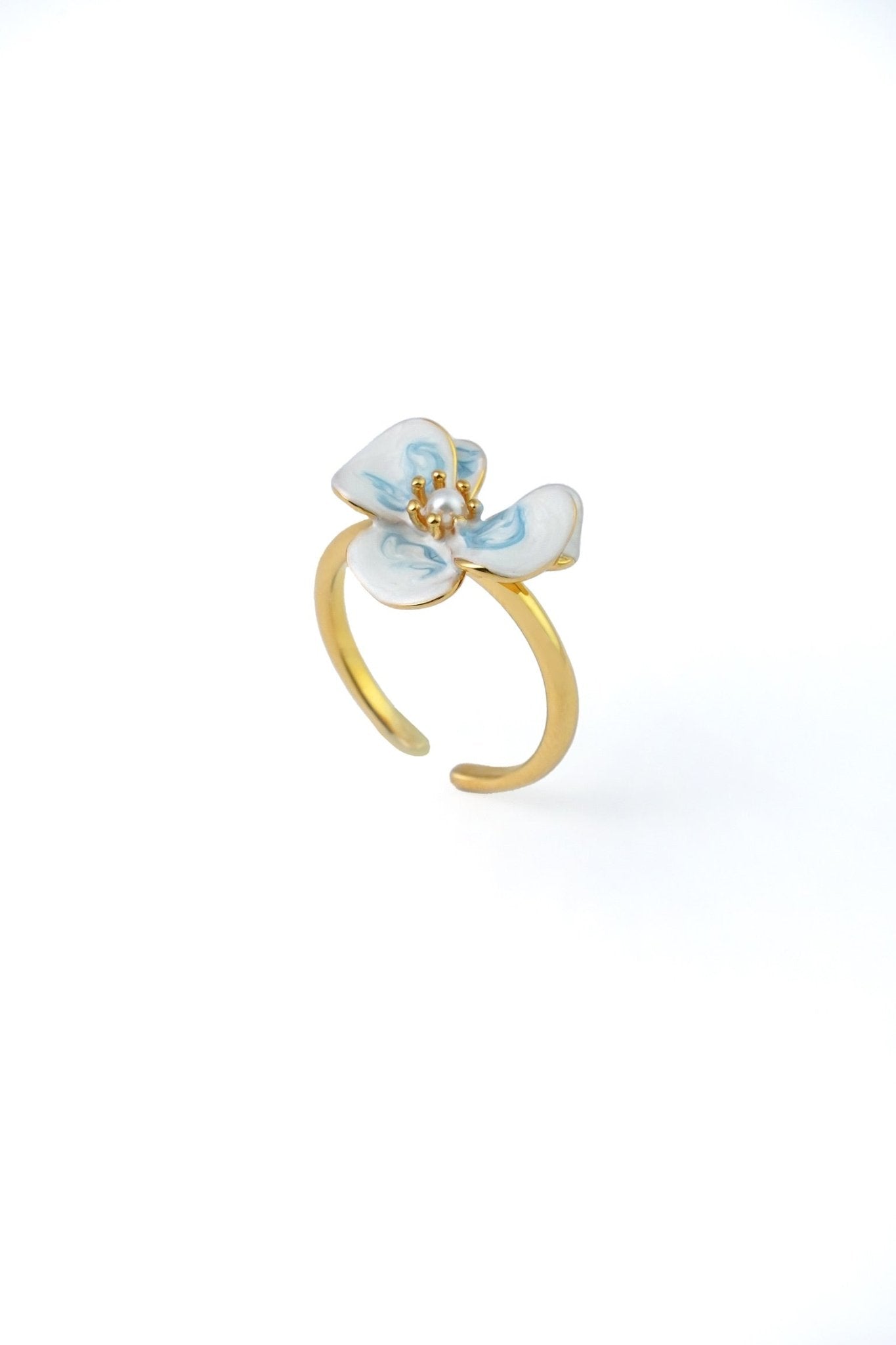 Viola Bloom Ring – Enamel Flower with Pearl Accent - EenPorcelain